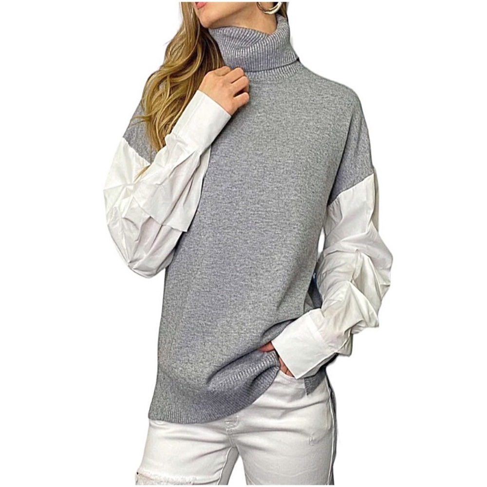 NEW Nova Vintage Turtleneck Grey Turtleneck Sweater White Colton Sleeves Size M